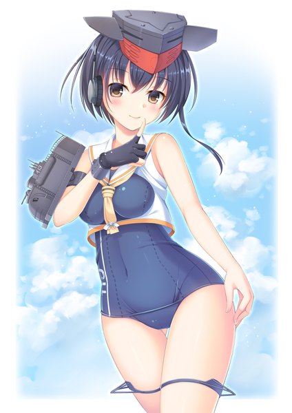 Anime picture 1157x1637 with kantai collection i-13 (kantai collection) umitonakai single long hair tall image looking at viewer blush fringe light erotic black hair smile hair between eyes yellow eyes sky cloud (clouds) light smile finger to mouth ass visible through thighs girl