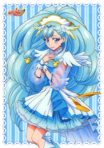 Anime picture 2493x3534 with precure hugtto! precure toei animation yakushiji saaya cure ange kawamura toshie single long hair tall image blush highres blue eyes smile blue hair ponytail official art border magical girl striped background girl