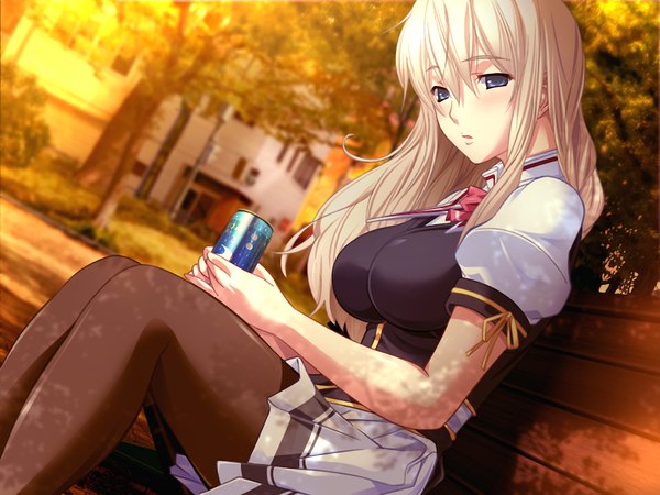 Anime picture 1200x900 with splash! (game) single long hair blush blue eyes blonde hair sitting game cg girl uniform school uniform serafuku bench