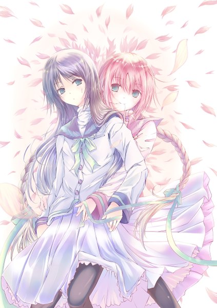 Anime picture 1845x2618 with bungaku shoujo amano tooko inoue konoha tsuzuri (itosousou) long hair tall image highres smile white background multiple girls pink hair absurdres braid (braids) aqua eyes grey hair shoujo ai girl skirt uniform bow