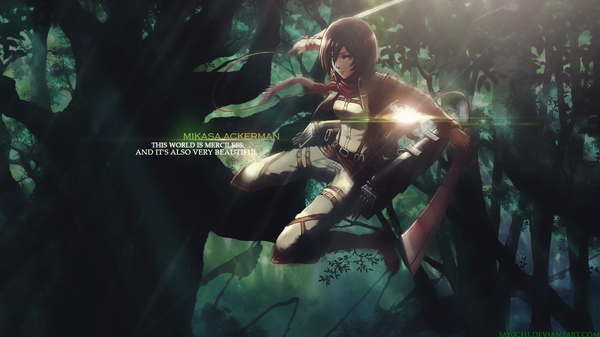 Anime picture 1920x1080 with shingeki no kyojin production i.g mikasa ackerman haoni say0chi single looking at viewer highres short hair black hair wide image holding signed inscription grey eyes wallpaper character names jumping dual wielding girl