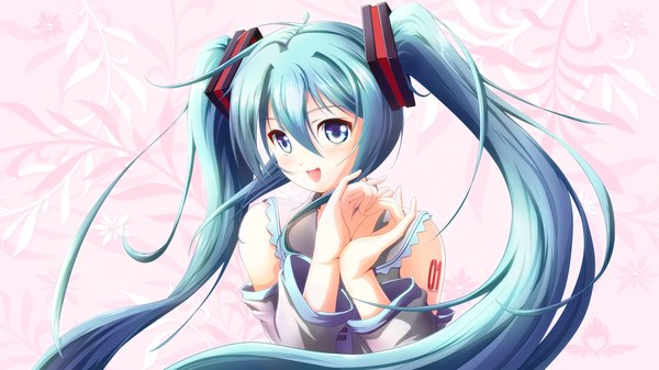Anime picture 4000x2250 with vocaloid hatsune miku tamiteddoo (teaspoon0204) single looking at viewer blush highres open mouth wide image twintails absurdres very long hair aqua eyes aqua hair girl hair ornament detached sleeves
