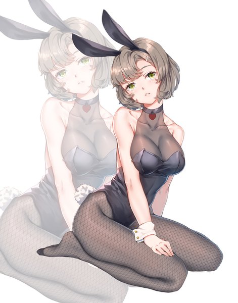 Anime picture 1000x1272 with original fangxiang cuoluan single tall image short hair breasts light erotic brown hair large breasts white background bare shoulders green eyes animal ears looking away full body bunny ears fake animal ears bunny girl zoom layer girl