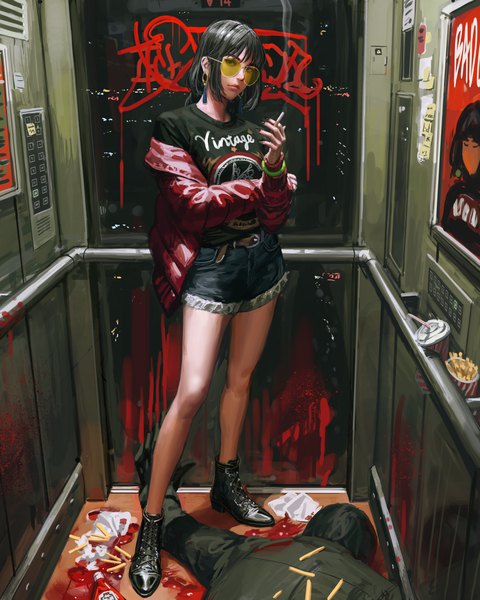 Anime picture 4000x5000 with original guweiz tall image looking at viewer fringe highres short hair black hair standing absurdres full body nail polish fingernails lips realistic off shoulder open jacket smoke clothes writing smoking