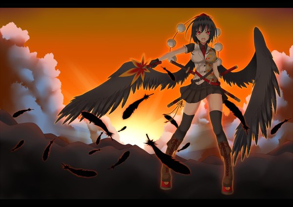 Anime picture 1500x1060 with touhou shameimaru aya gmot single looking at viewer blush short hair open mouth black hair red eyes sky cloud (clouds) girl thighhighs skirt weapon black thighhighs hat sword wings