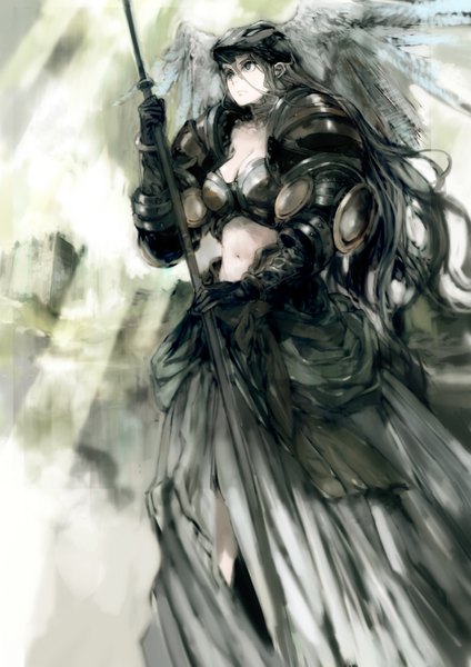 Anime picture 1417x2003 with original humi (artist) single long hair tall image black hair cleavage black eyes sunlight head wings girl gloves navel weapon armor