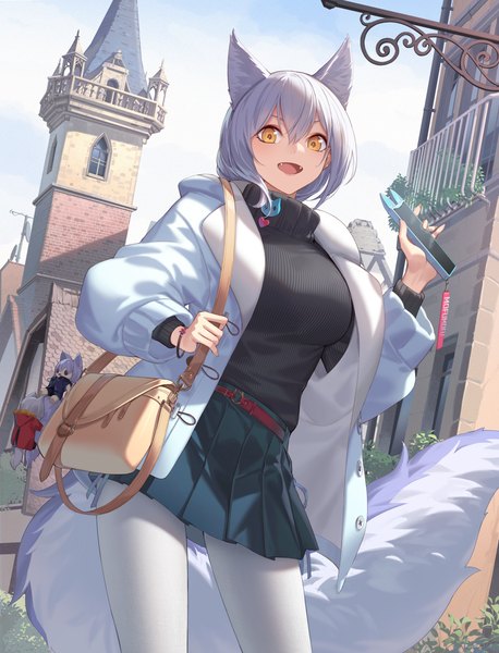 Anime picture 3052x4000 with arknights provence (arknights) nian (zhanian) single tall image looking at viewer blush fringe highres open mouth hair between eyes standing holding animal ears yellow eyes absurdres sky silver hair outdoors tail