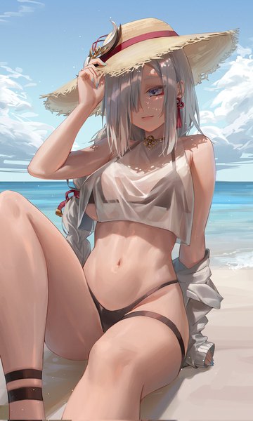 Anime picture 1229x2048 with genshin impact shenhe (genshin impact) minttchocok single long hair tall image fringe breasts blue eyes light erotic large breasts payot looking away sky cloud (clouds) bent knee (knees) outdoors braid (braids) long sleeves nail polish