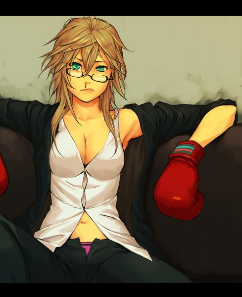 Anime picture 856x1050 with original mustard seeds yuuji (and) single tall image looking at viewer short hair light erotic blonde hair sitting green eyes cleavage twisty sleeves open pants girl navel glasses blood pants couch