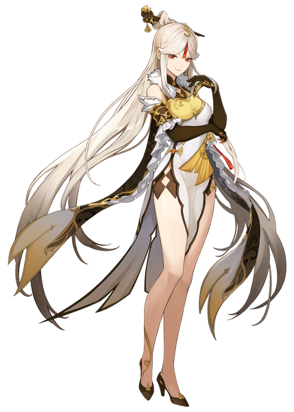 Anime picture 3840x5370 with genshin impact ningguang (genshin impact) single tall image looking at viewer highres smile red eyes standing payot absurdres full body white hair very long hair traditional clothes official art bare legs hair bun (hair buns) high heels fur trim