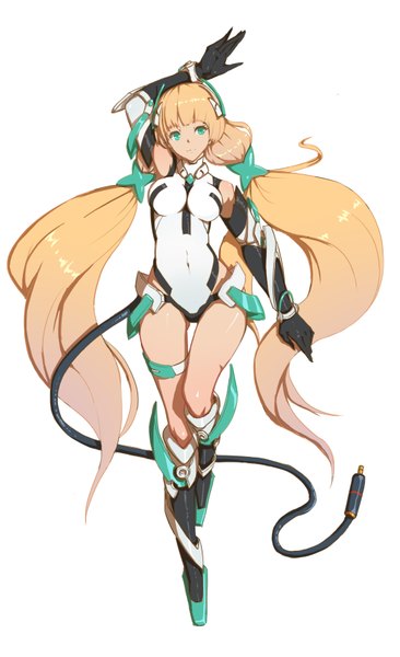 Anime picture 2100x3434 with expelled from paradise angela balzac reisun001 single tall image looking at viewer fringe highres breasts light erotic simple background blonde hair white background twintails green eyes ahoge bent knee (knees) head tilt arm up light smile