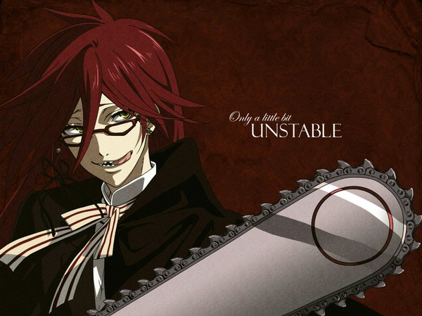Anime picture 1707x1280 with kuroshitsuji a-1 pictures grell sutcliff long hair looking at viewer highres yellow eyes red hair inscription teeth sharp teeth boy earrings glasses tongue bowtie suit chainsaw
