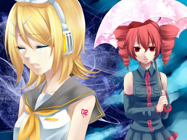 Anime picture 1600x1200 with vocaloid utau kagamine rin kasane teto multiple girls tears crying girl 2 girls umbrella