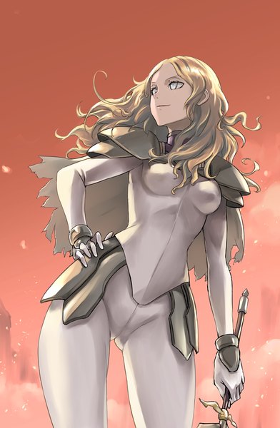 Anime picture 654x1000 with claymore madhouse teresa tea (nakenashi) single long hair tall image breasts blonde hair smile standing looking away sky wind grey eyes hand on hip wavy hair girl weapon sword