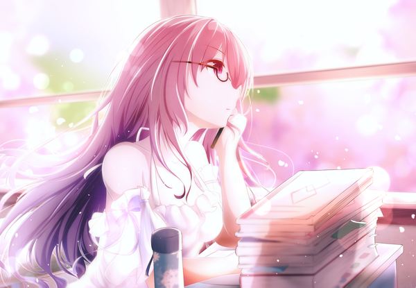Anime picture 2525x1750 with fate (series) fate/grand order scathach (fate) (all) scathach (fate) jiang xin single long hair fringe highres hair between eyes bare shoulders holding payot looking away pink hair indoors profile pink eyes multicolored hair sunlight