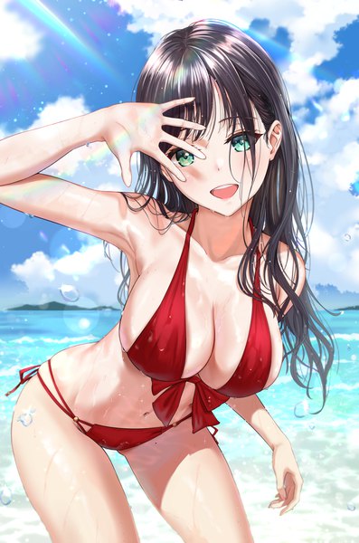 Anime picture 2435x3684 with original tooku0 single long hair tall image looking at viewer blush fringe highres breasts open mouth light erotic black hair smile large breasts standing green eyes sky cleavage cloud (clouds)