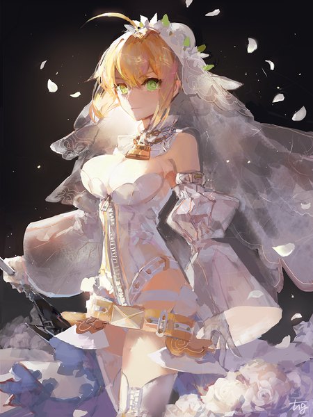 Anime picture 900x1200 with fate (series) fate/extra fate/extra ccc nero claudius (fate) (all) nero claudius (fate) nero claudius (bride) (fate) hg (pixiv16108795) single tall image fringe short hair breasts light erotic blonde hair large breasts standing bare shoulders holding green eyes signed