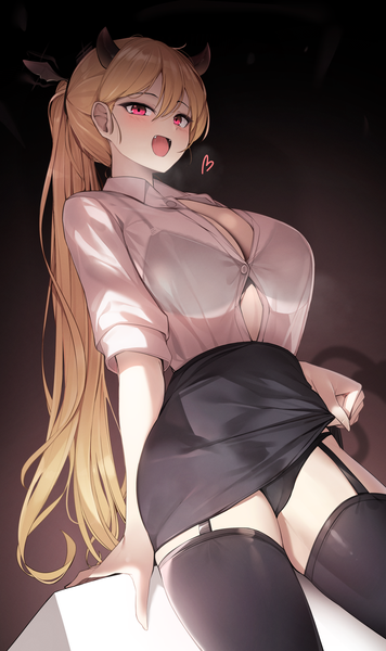 Anime picture 1035x1746 with original ddangbi single long hair tall image looking at viewer blush fringe breasts open mouth light erotic simple background blonde hair smile hair between eyes large breasts standing cleavage ponytail :d