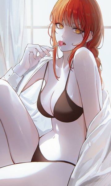 Anime picture 1000x1668 with chainsaw man mappa makima (chainsaw man) solraka single long hair tall image looking at viewer fringe breasts open mouth light erotic large breasts sitting holding payot cleavage red hair indoors blunt bangs