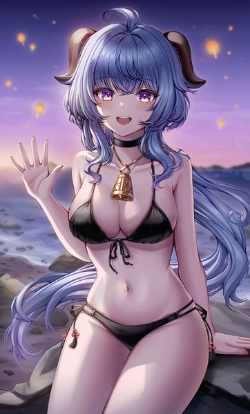 Anime picture 1300x2156 with genshin impact ganyu (genshin impact) wol (wol 927) single long hair tall image looking at viewer blush fringe breasts open mouth light erotic smile hair between eyes large breasts sitting purple eyes blue hair ahoge outdoors