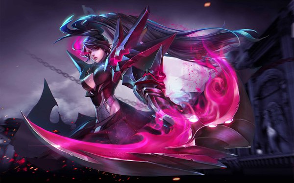 Anime picture 1920x1200 with arena of valor mina (arena of valor) single long hair looking at viewer highres breasts black hair red eyes ponytail official art sparkle glowing glowing eye (eyes) girl weapon armor spaulder (spaulders)