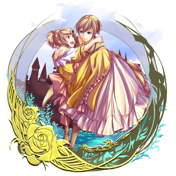 Anime picture 1500x1500 with vocaloid kagamine rin kagamine len tagme (artist) short hair open mouth blue eyes blonde hair smile bare shoulders sky cloud (clouds) girl dress boy hair ornament flower (flowers) bow plant (plants) hair bow