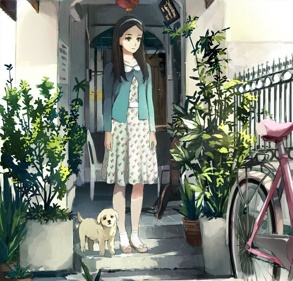 Anime picture 978x936 with original ooi choon liang single long hair black hair standing looking away black eyes girl dress plant (plants) animal socks white socks sundress ground vehicle fence dog bicycle