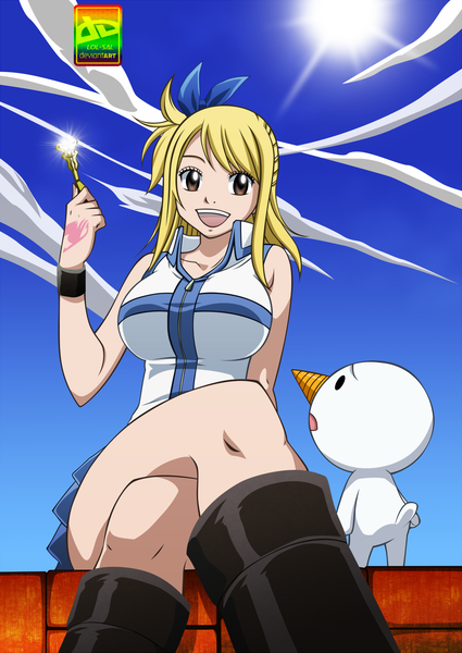 Anime picture 900x1270 with fairy tail lucy heartfilia plue sal-88 single long hair tall image open mouth blonde hair smile brown eyes sky cloud (clouds) sunlight tattoo crossed legs coloring girl bow hair bow