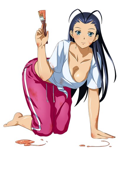 Anime picture 600x848 with ikkitousen kakouen myousai single long hair tall image looking at viewer blue eyes light erotic black hair white background girl paintbrush art brush
