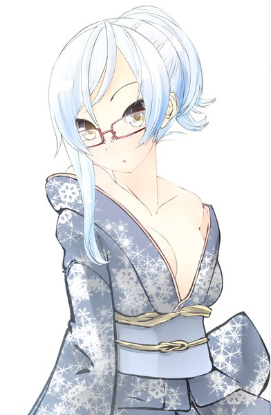 Anime picture 1184x1812 with original nekobaka single tall image blue eyes light erotic simple background white background blue hair japanese clothes girl glasses kimono obi