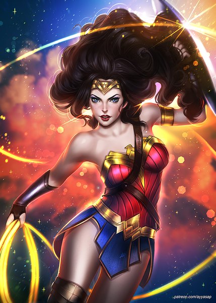 Anime-Bild 715x1000 mit dc comics wonder woman ayyasap single long hair tall image looking at viewer open mouth blue eyes black hair bare shoulders holding signed sky cloud (clouds) realistic lipstick floating hair lens flare watermark