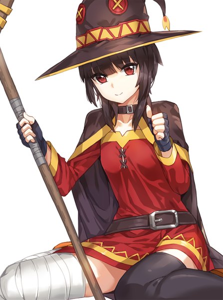 Anime picture 797x1070 with kono subarashii sekai ni shukufuku wo! studio deen megumin kfr single tall image looking at viewer short hair black hair red eyes white background girl thighhighs dress gloves black thighhighs hat fingerless gloves bandage (bandages) witch hat