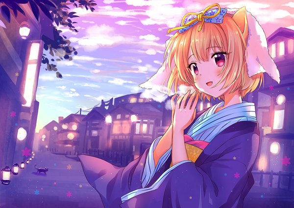Anime picture 1062x752 with original sakuro single blush short hair open mouth blonde hair red eyes animal ears sky cloud (clouds) traditional clothes japanese clothes girl hair ornament animal cat