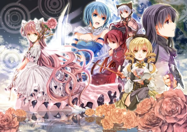 Anime picture 1200x848 with mahou shoujo madoka magica shaft (studio) akemi homura kaname madoka sakura kyouko miki sayaka tomoe mami iroha (shiki) long hair blue eyes black hair blonde hair red eyes purple eyes multiple girls yellow eyes blue hair pink hair silver hair red hair