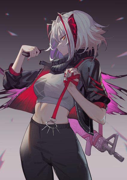 Anime picture 1754x2481 with arknights w (arknights) krin single tall image looking at viewer fringe highres short hair breasts simple background hair between eyes standing holding yellow eyes silver hair profile multicolored hair horn (horns) fingernails