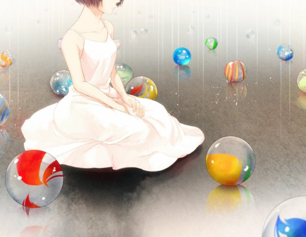 Anime picture 800x620 with original mdk (m-kuri) single short hair brown hair sitting bare shoulders bent knee (knees) profile hand on hip kneeling reflection no face girl dress white dress sundress ball marble