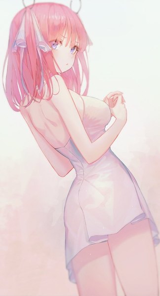 Anime picture 600x1108 with go-toubun no hanayome nakano nino seol single tall image looking at viewer fringe short hair breasts blue eyes simple background hair between eyes standing bare shoulders pink hair looking back from behind two side up bare back girl