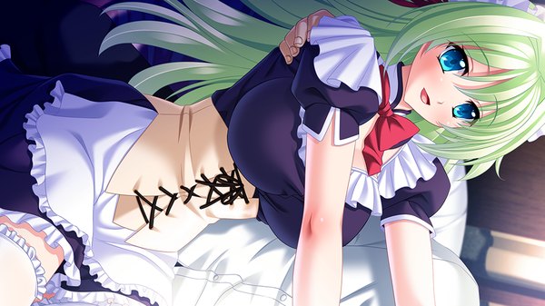 Anime picture 1024x576 with silicon magic theta (silicon magic) long hair blush open mouth blue eyes wide image game cg green hair maid girl thighhighs white thighhighs headdress maid headdress