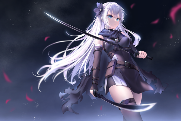 Anime picture 1680x1120 with original suyamori single long hair fringe blue eyes simple background standing bare shoulders holding looking away silver hair hair flower from below dark background dual wielding girl dress flower (flowers) weapon