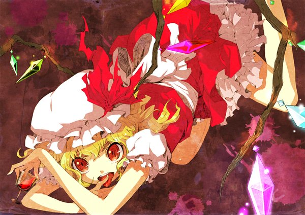 Anime picture 1000x708 with touhou flandre scarlet gin (oyoyo) single looking at viewer short hair open mouth blonde hair red eyes girl wings tongue bonnet crystal