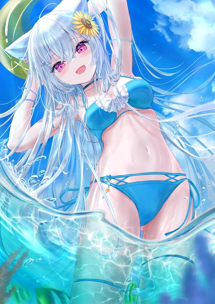 Anime picture 774x1095 with original hou no ka single long hair tall image looking at viewer fringe breasts open mouth light erotic smile hair between eyes standing animal ears sky silver hair cloud (clouds) outdoors tail :d