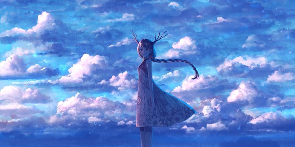 Anime picture 2060x1030 with original bounin single long hair looking at viewer highres black hair smile wide image sky cloud (clouds) braid (braids) horn (horns) wind pointy ears single braid halterneck scenic :3 antlers