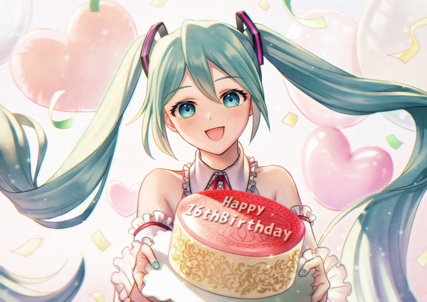 Anime picture 3508x2480 with vocaloid hatsune miku cariya calco single long hair looking at viewer fringe highres hair between eyes twintails absurdres nail polish aqua eyes aqua hair happy birthday girl detached sleeves food heart sweets