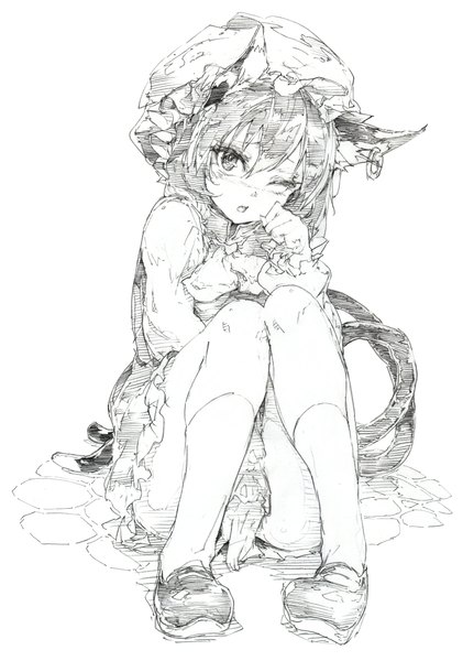 Anime picture 1564x2177 with touhou chen oshake single tall image looking at viewer short hair simple background white background sitting animal ears tail animal tail one eye closed wink cat ears cat tail monochrome multiple tails sketch