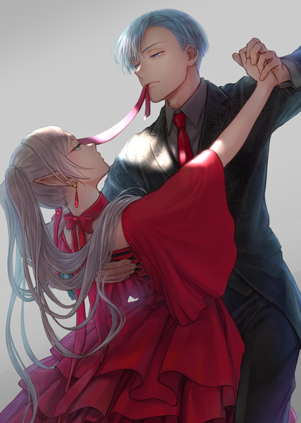Anime picture 1329x1862 with sousou no frieren frieren himmel (sousou no frieren) karasumai long hair tall image short hair simple background holding blue hair pointy ears grey hair grey background mole mole under eye mouth hold elf ribbon in mouth dancing girl