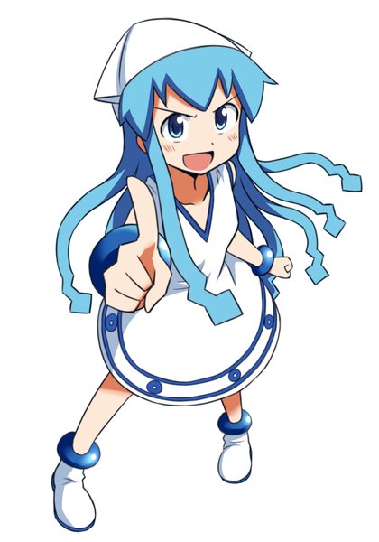 Anime picture 630x900 with shinryaku! ika musume ika musume mohya (artist) single long hair tall image looking at viewer blush open mouth blue eyes simple background white background blue hair from above outstretched arm pointing girl dress boots bracelet