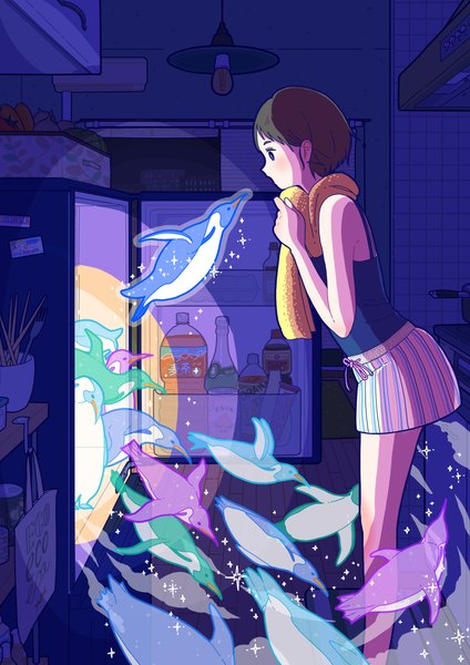 Anime picture 1736x2456 with original yoshimon single tall image highres short hair brown hair standing looking away indoors profile night sparkle towel around neck girl animal shorts bird (birds) short shorts towel