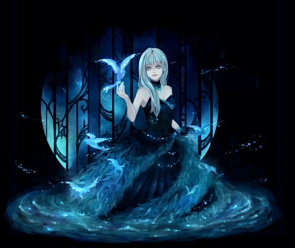 Anime picture 1063x893 with original knot (artist) long hair bare shoulders green eyes aqua hair sleeveless black background fantasy girl dress animal black dress bird (birds)