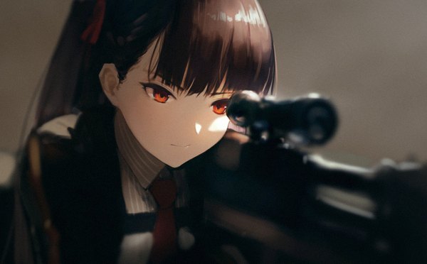 Anime picture 2112x1311 with girls frontline wa2000 (girls frontline) hara shoutarou single long hair fringe highres brown hair wide image brown eyes looking away upper body blunt bangs light smile grey background one side up girl ribbon (ribbons) weapon hair ribbon