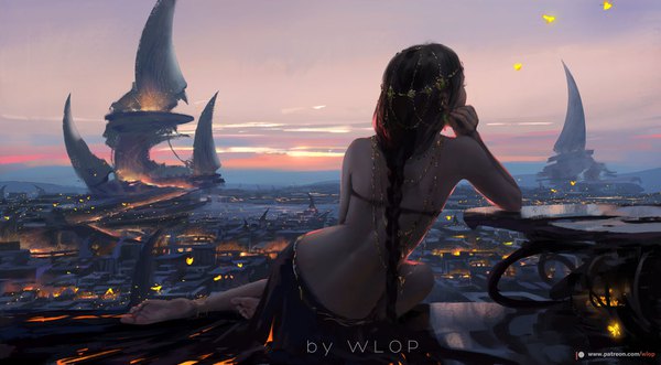 Anime picture 1526x842 with ghost blade aeolian wlop single long hair black hair wide image sitting bare shoulders signed sky cloud (clouds) full body outdoors braid (braids) barefoot from behind sunlight arm support back